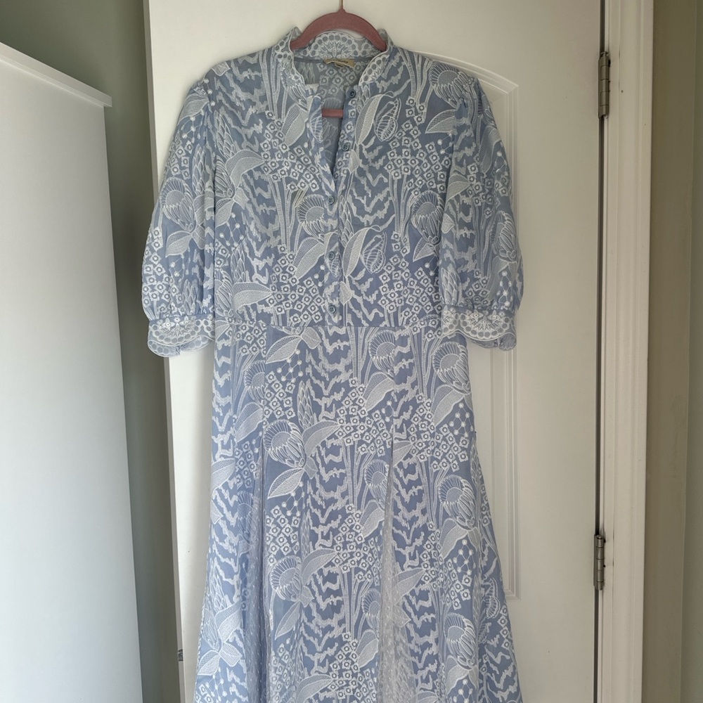 Temperley London Blue and White Patterned Midi Dress